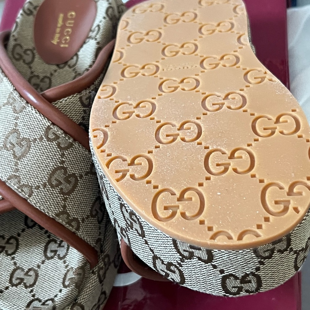 Gucci 1:1 Cream and Brown Mules with Iconic GG Pattern